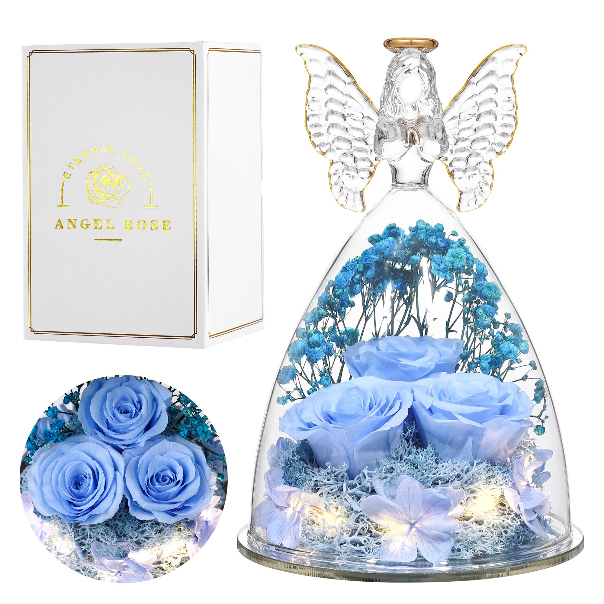 Tiaronics ange en verre face montrant roses bleu ciel et élégance décorative