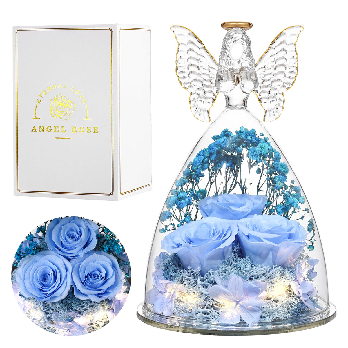 Tiaronics ange en verre face montrant roses bleu ciel et élégance décorative