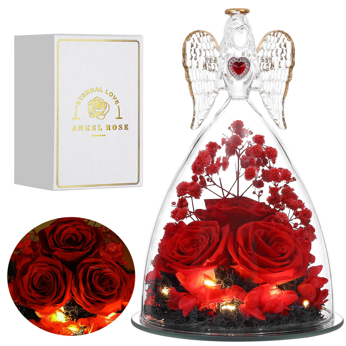 Tiaronics ange face avant montrant la rose préservée et élégance décorative