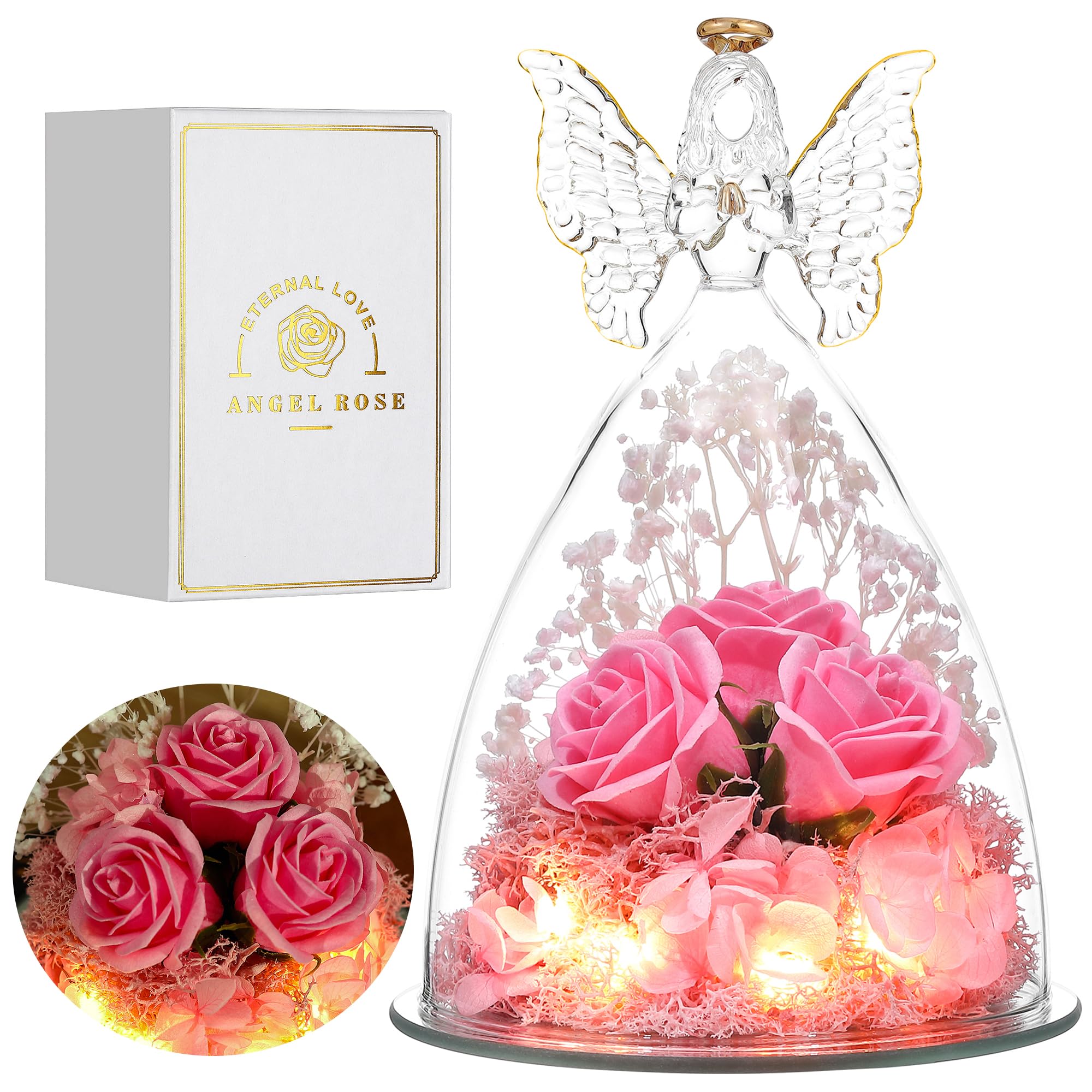 Tiaronics ange en verre face montrant trois roses préservées et élégance décorative