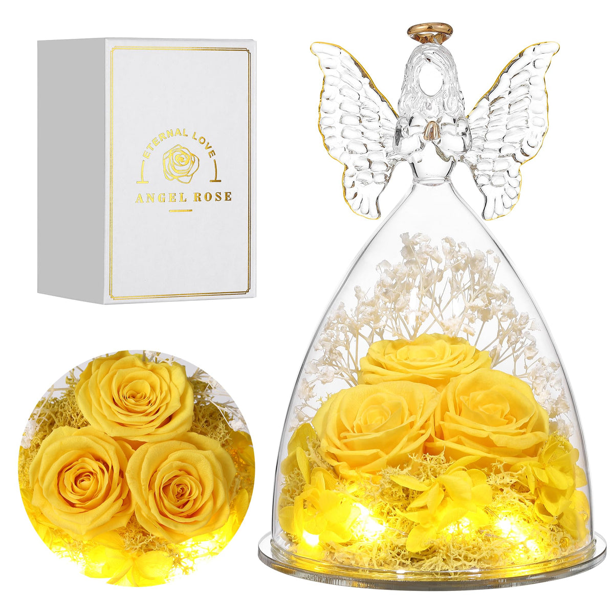 Tiaronics ange en verre vu de face montrant les trois roses, décor élégant