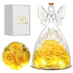 Tiaronics ange en verre vu de face montrant les trois roses, décor élégant