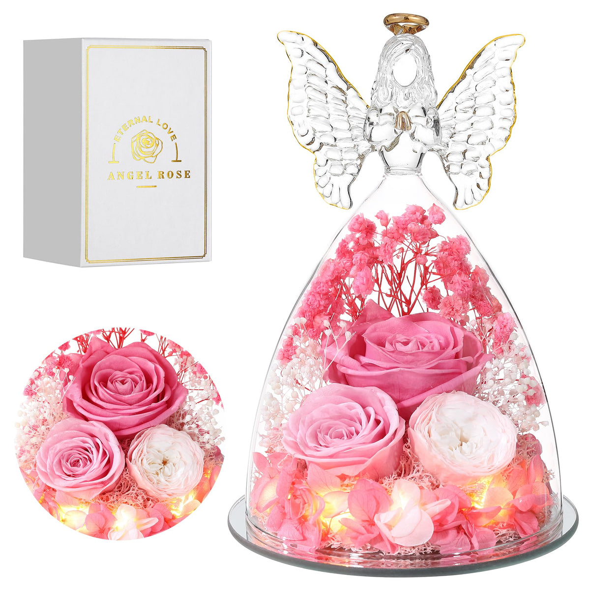 Tiaronics ange en verre vue de face montrant trois roses et élégance décorative