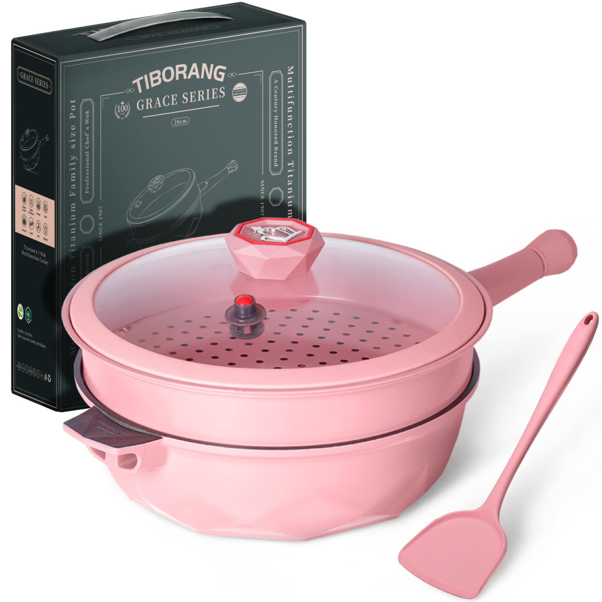 TIBORANG poêle avec poignée détachable montrant fixation et ergonomie pour rangement facile