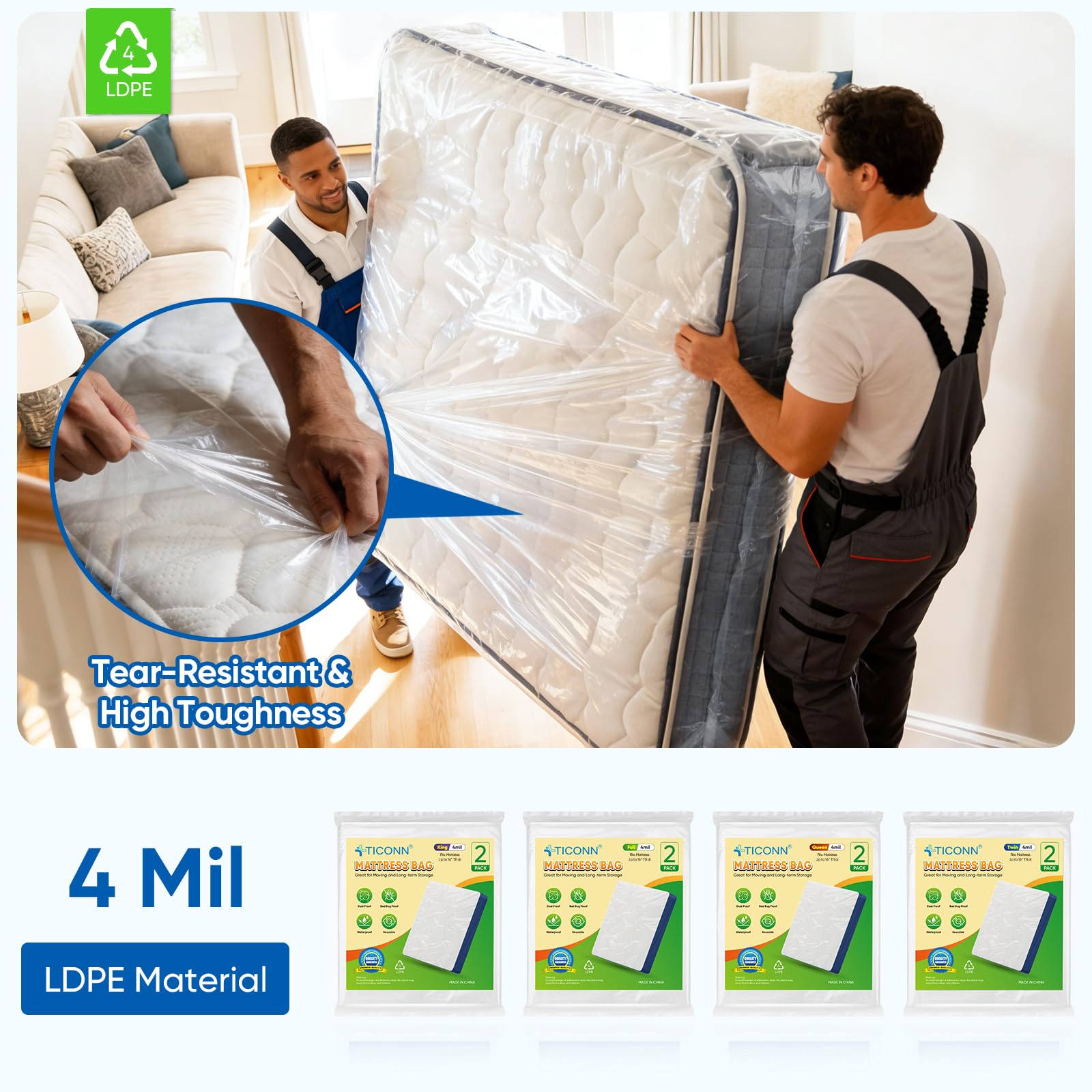 TICONN housse matelas stockée en entrepôt prouvant conservation propre