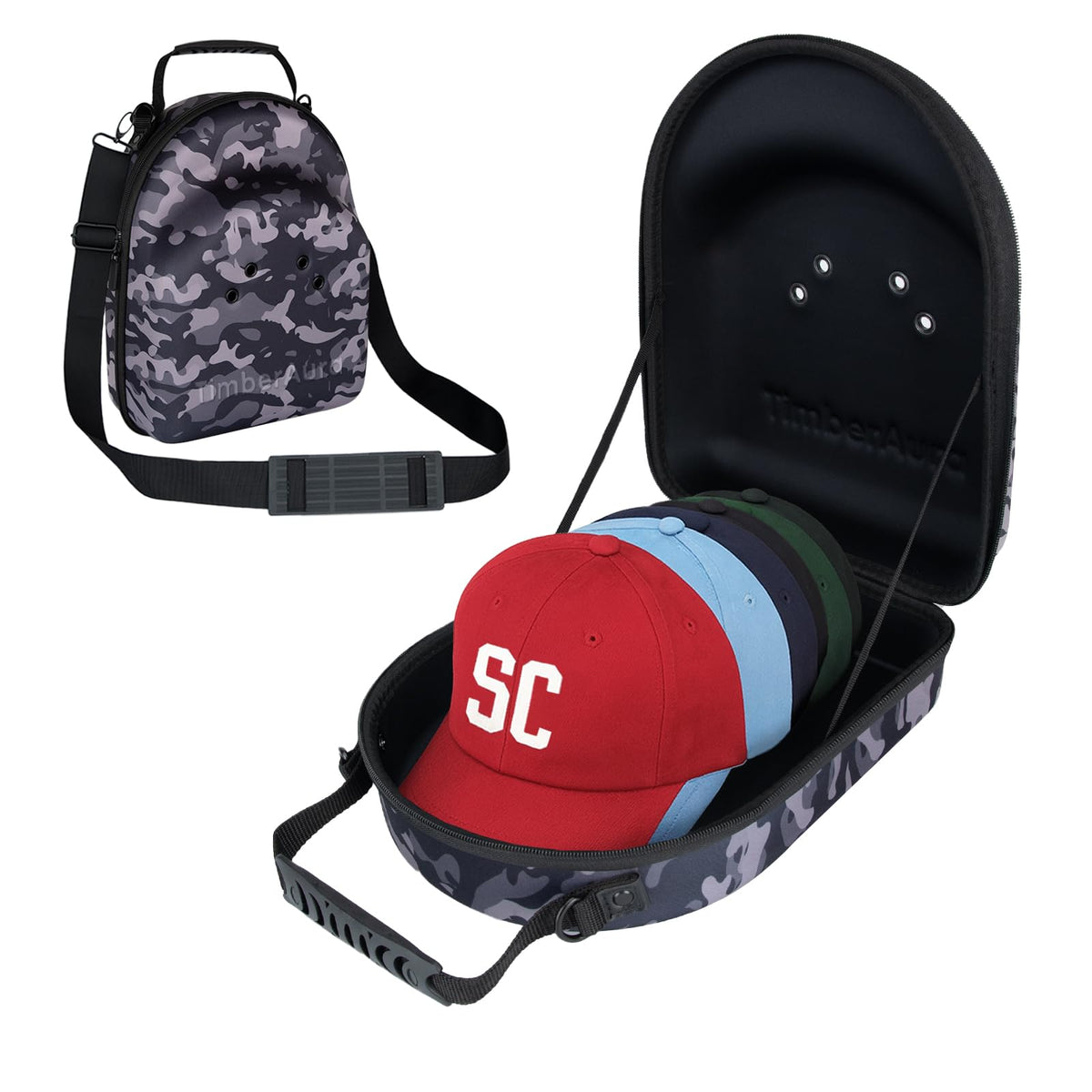 TimberAura étui avant ouvert montrant 6 casquettes bien protégées