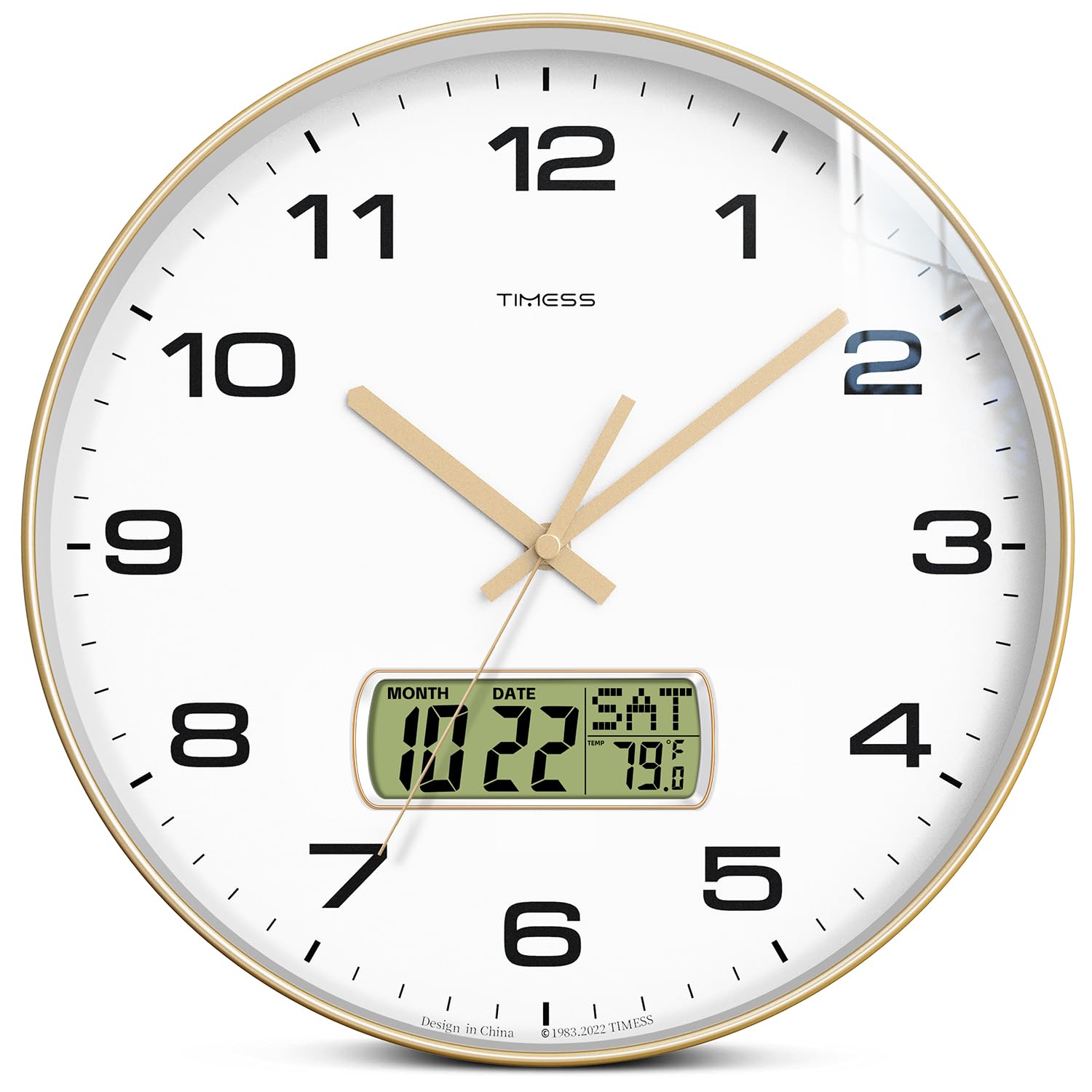 TIMESS horloge murale face complète montrant heure lisible et design doré