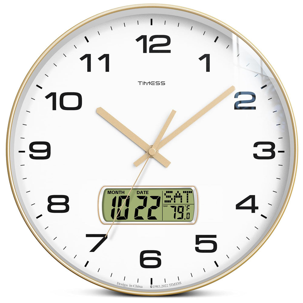 TIMESS horloge murale face complète montrant heure lisible et design doré