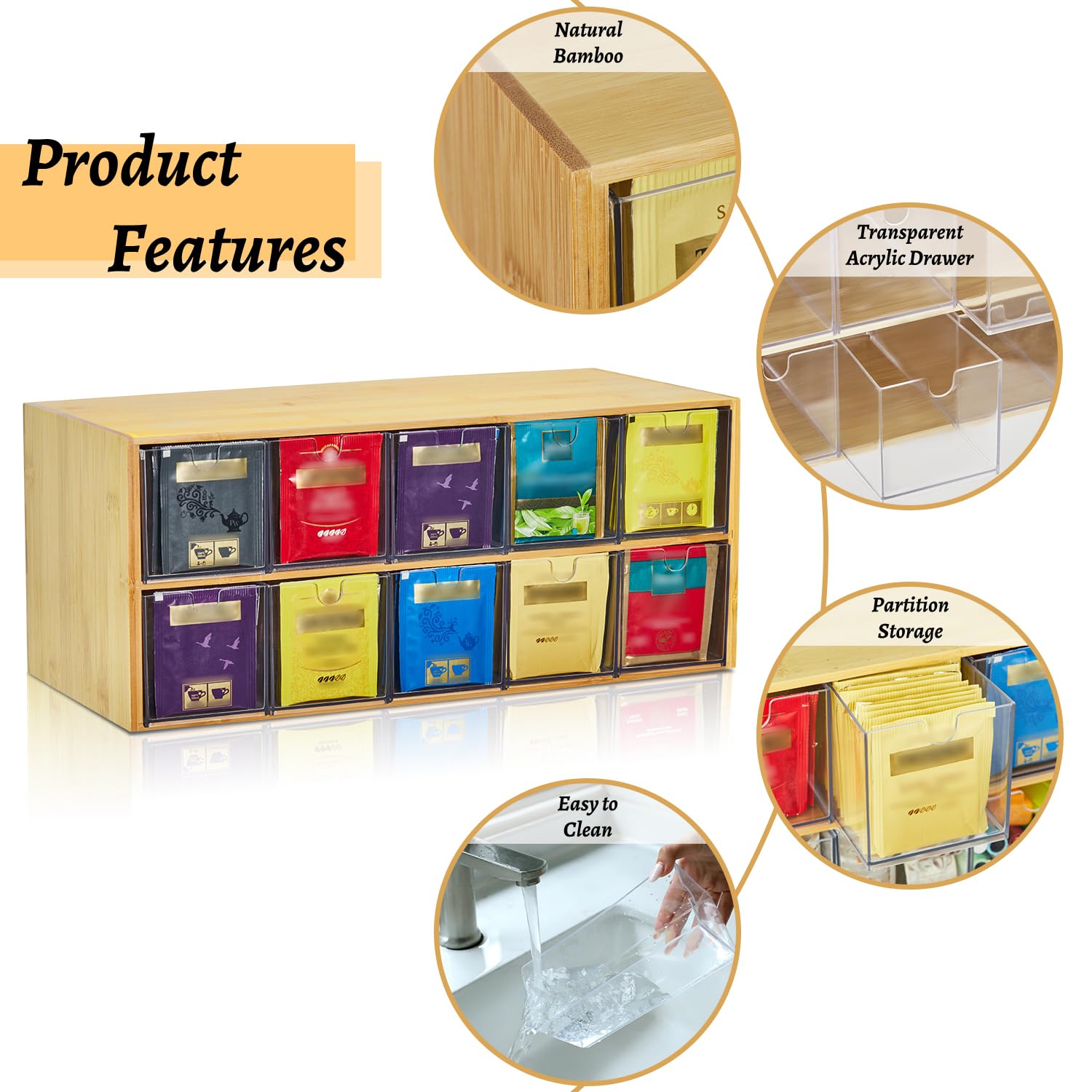 TIMIEEYA tiroir acrylique ouvert montrant accès rapide aux sachets