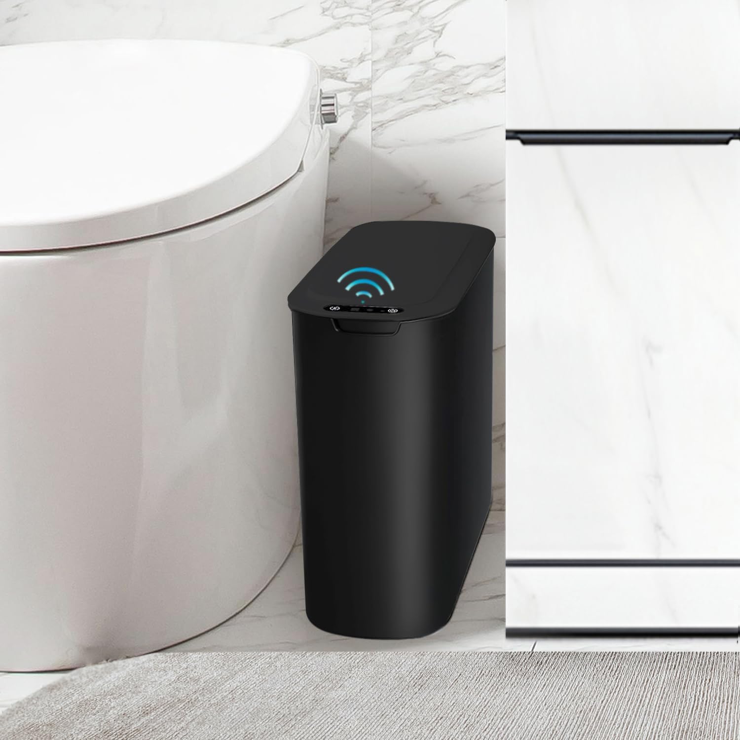 TIPGO vue avant de la poubelle ouverte montrant le couvercle automatique et gain de propreté