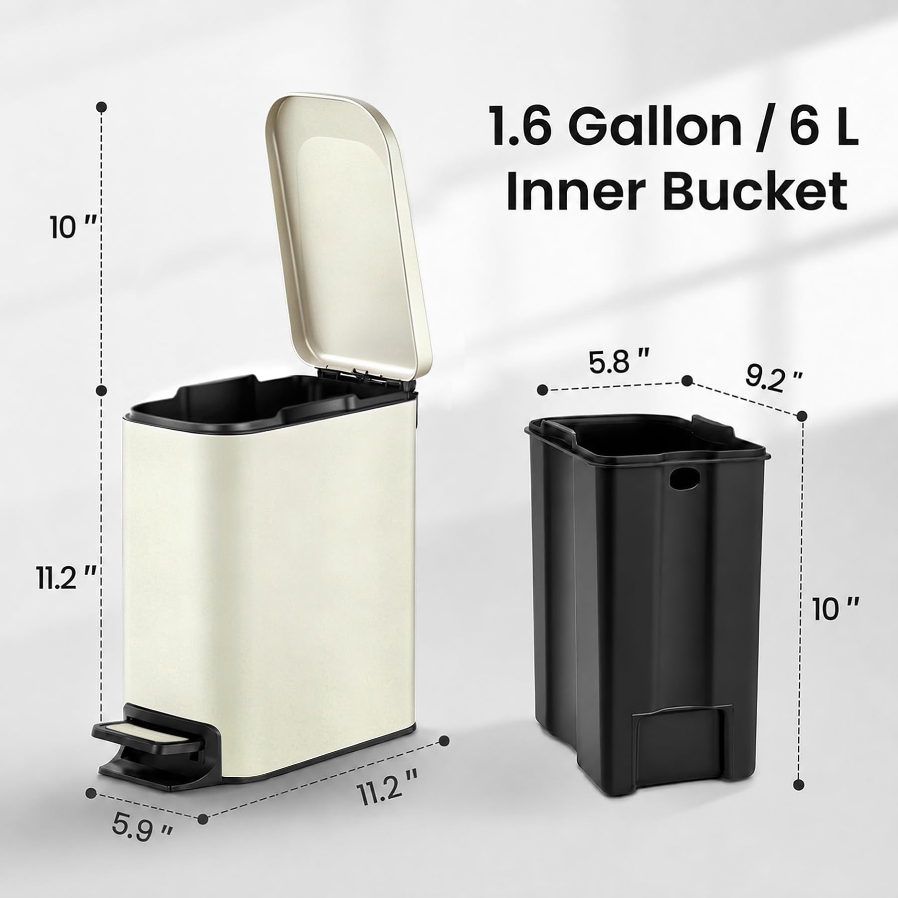 TIPGO échelle taille comparaison montrant capacité 1,6 Gal et encombrement réduit