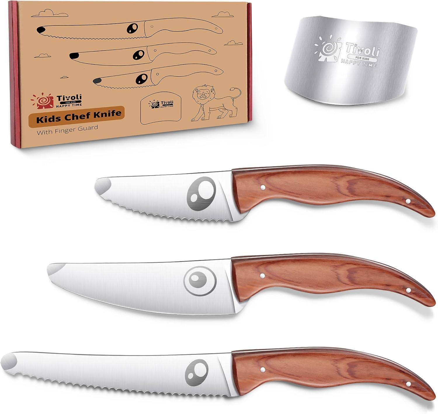 TIVOLI coffret face avant montrant trois couteaux et emballage lion, sécurité renforcée