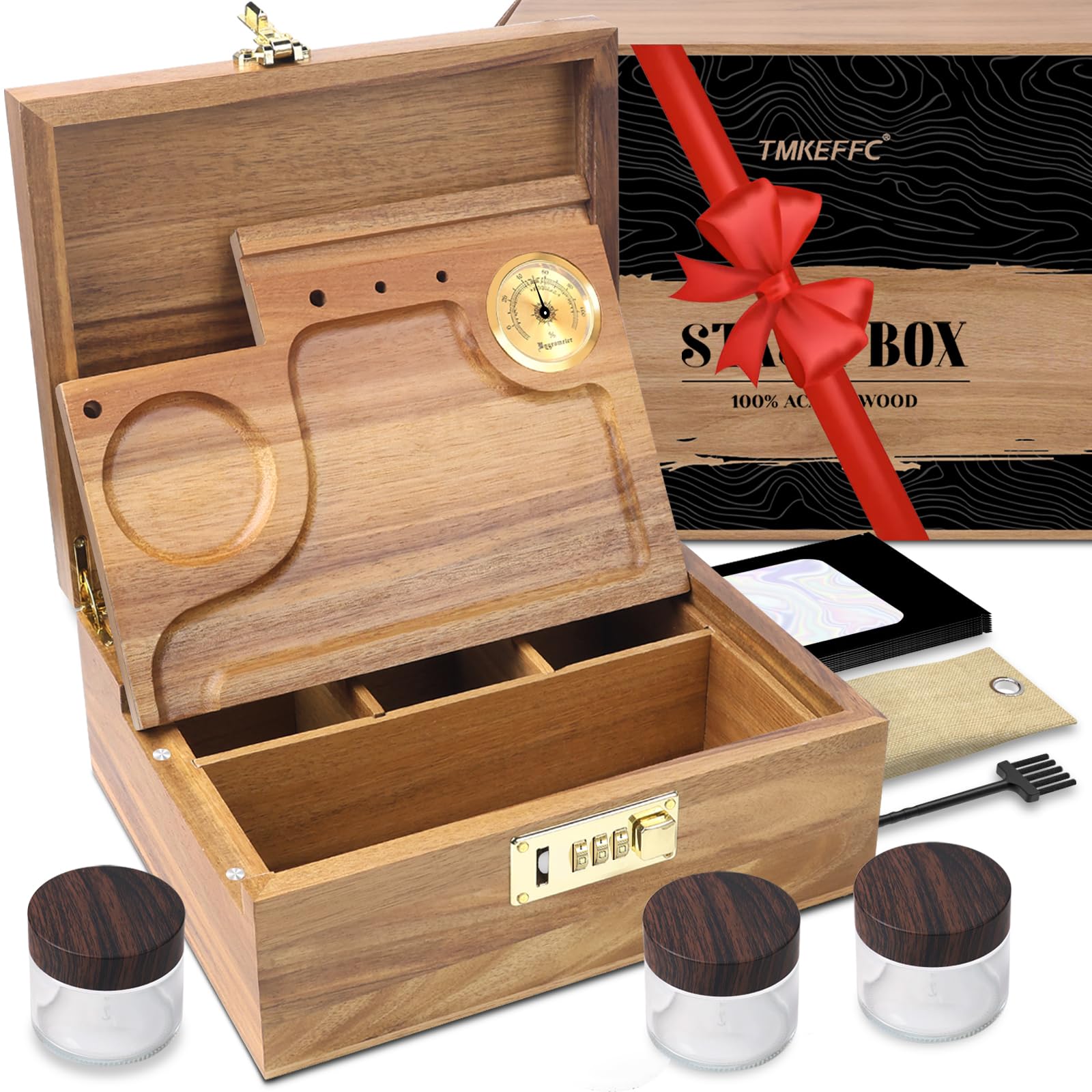TMKEFFC coffret acacia vue de face montrant finition et serrure, esthétique et sécurité