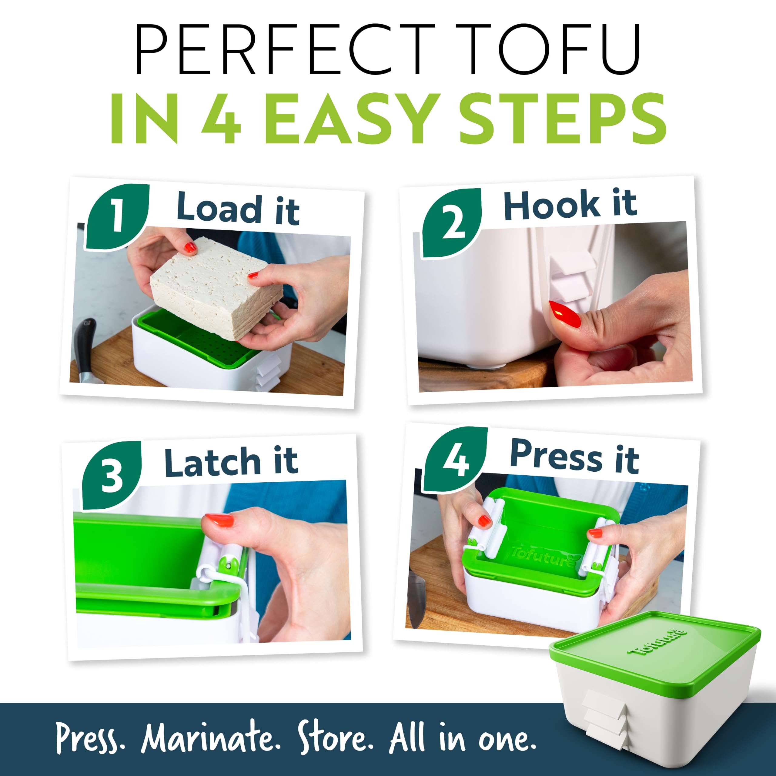 Tofuture presse en action pressant bloc de tofu pour meilleure texture