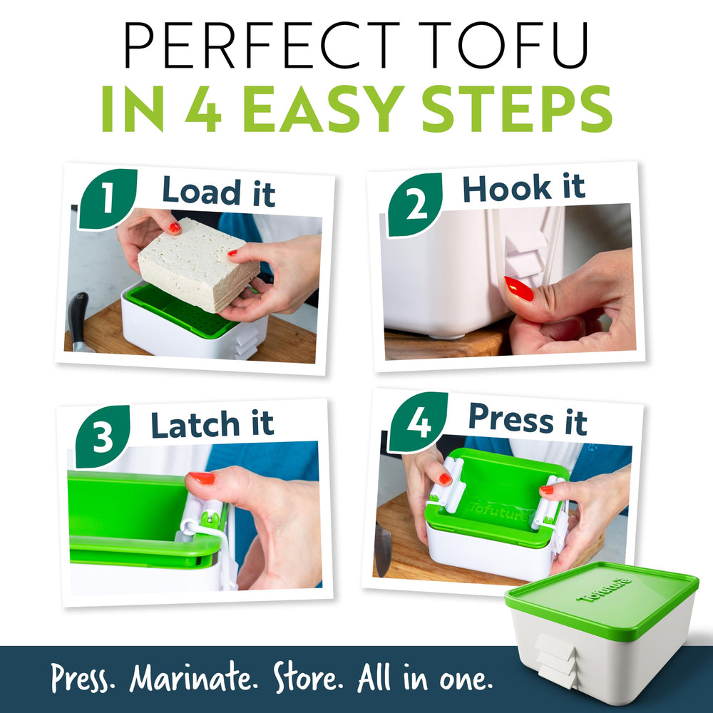 Tofuture presse en action pressant bloc de tofu pour meilleure texture