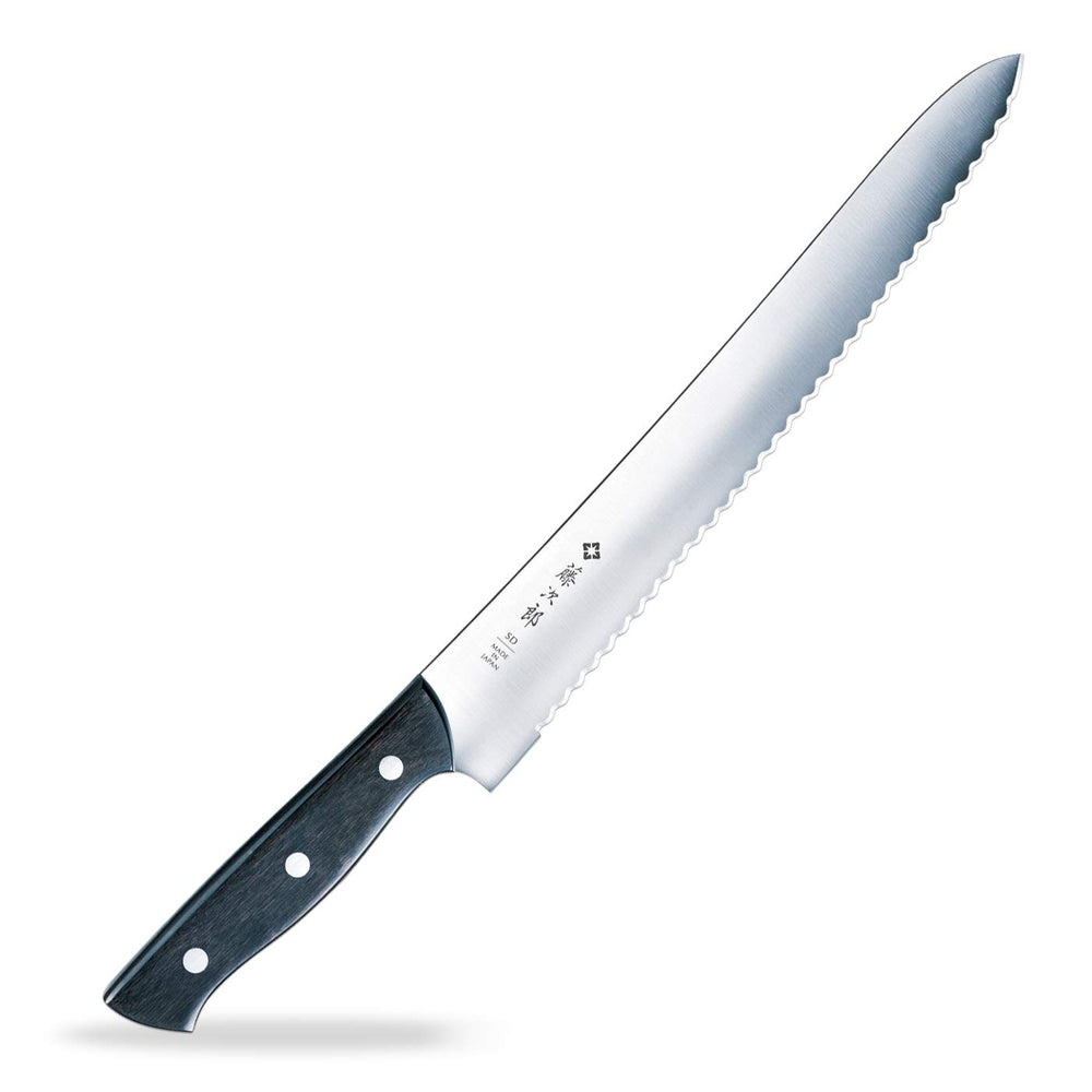 Tojiro couteau à pain face complète montrant la lame longue, précision de coupe
