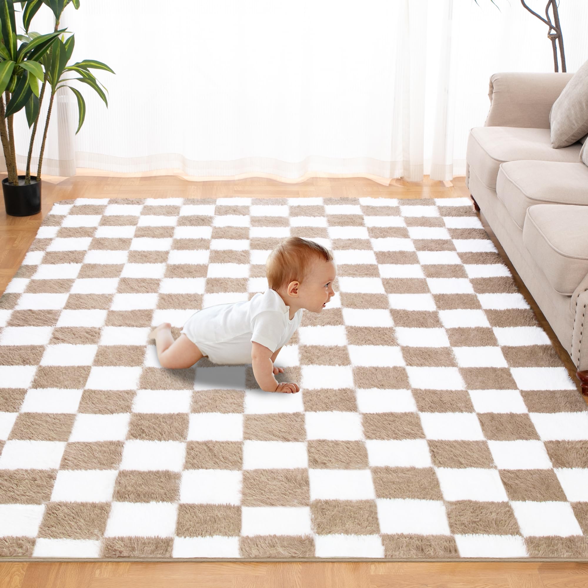 TOOHUB tapis face avant carreaux beige et blanc, ajoute chaleur visuelle