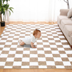 TOOHUB tapis face avant carreaux beige et blanc, ajoute chaleur visuelle
