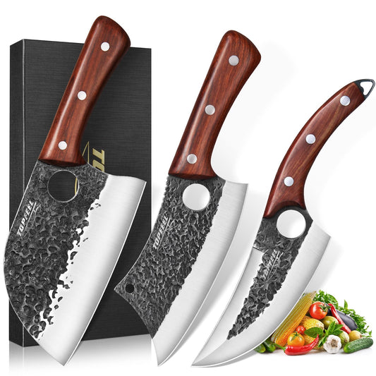 Topfeel coffret frontal montrant les trois couteaux, présentation soignée et qualité