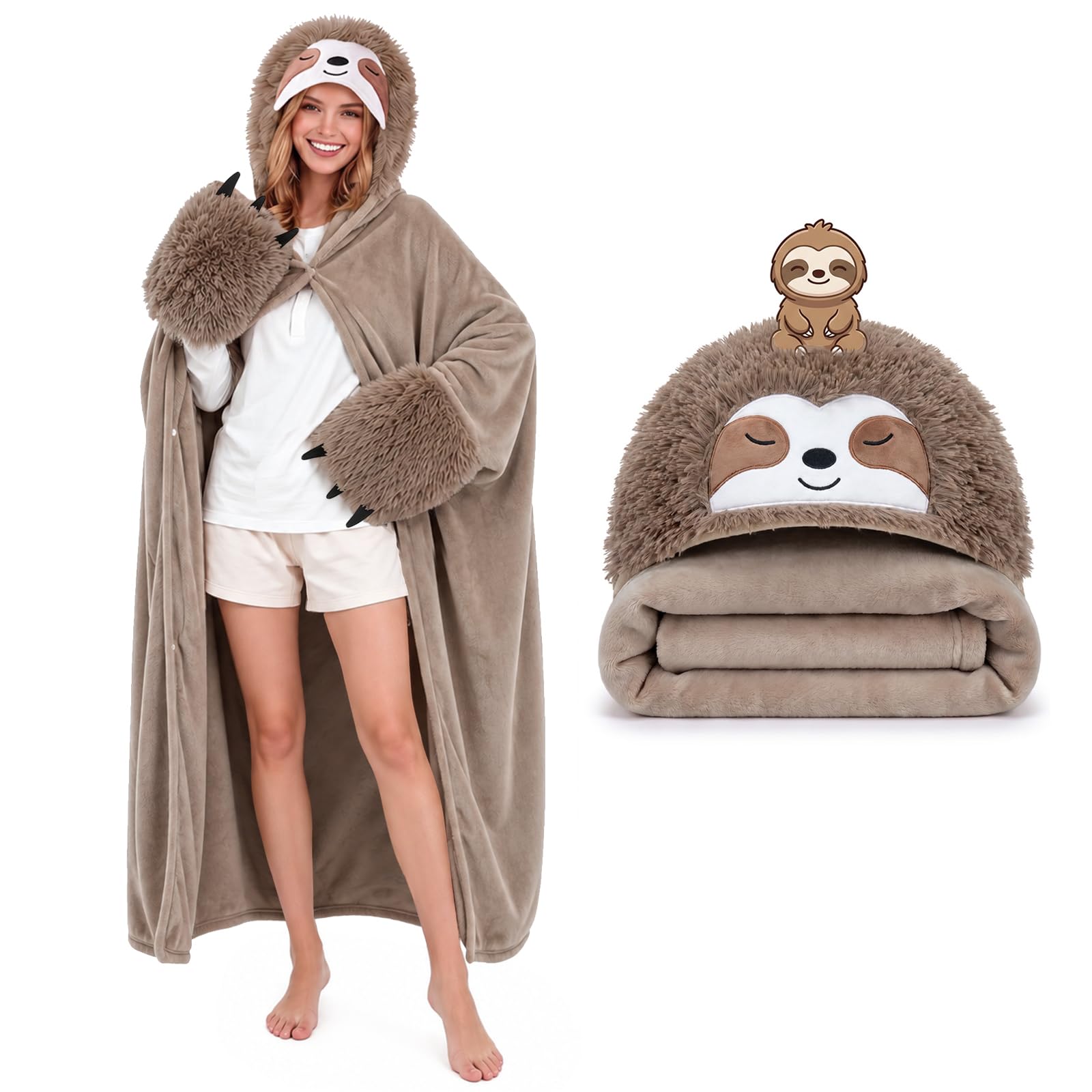 TOYSYM vue avant du plaid à capuche montrant le design paresseux et la coupe cosy
