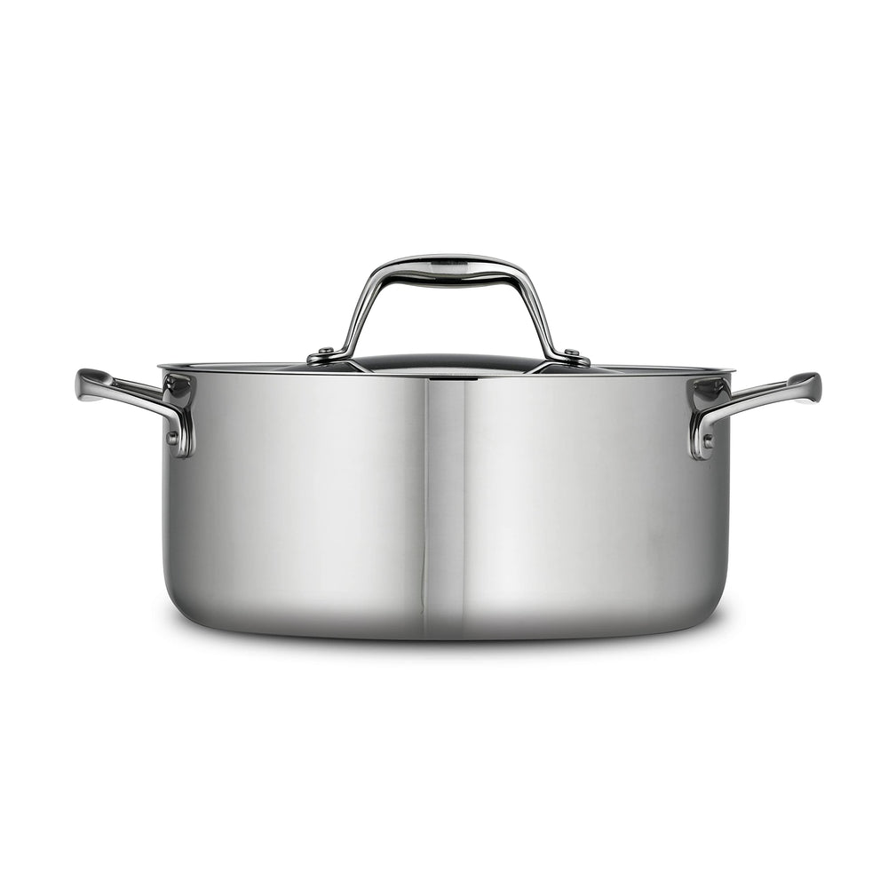Tramontina détail tri‑ply montrant noyau aluminium pour chaleur uniforme