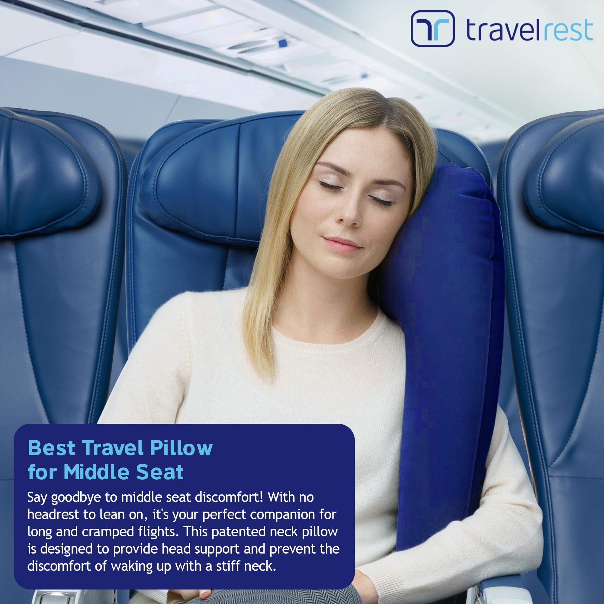 TRAVELREST coussin utilisé dans un siège d'avion montrant maintien de la tête