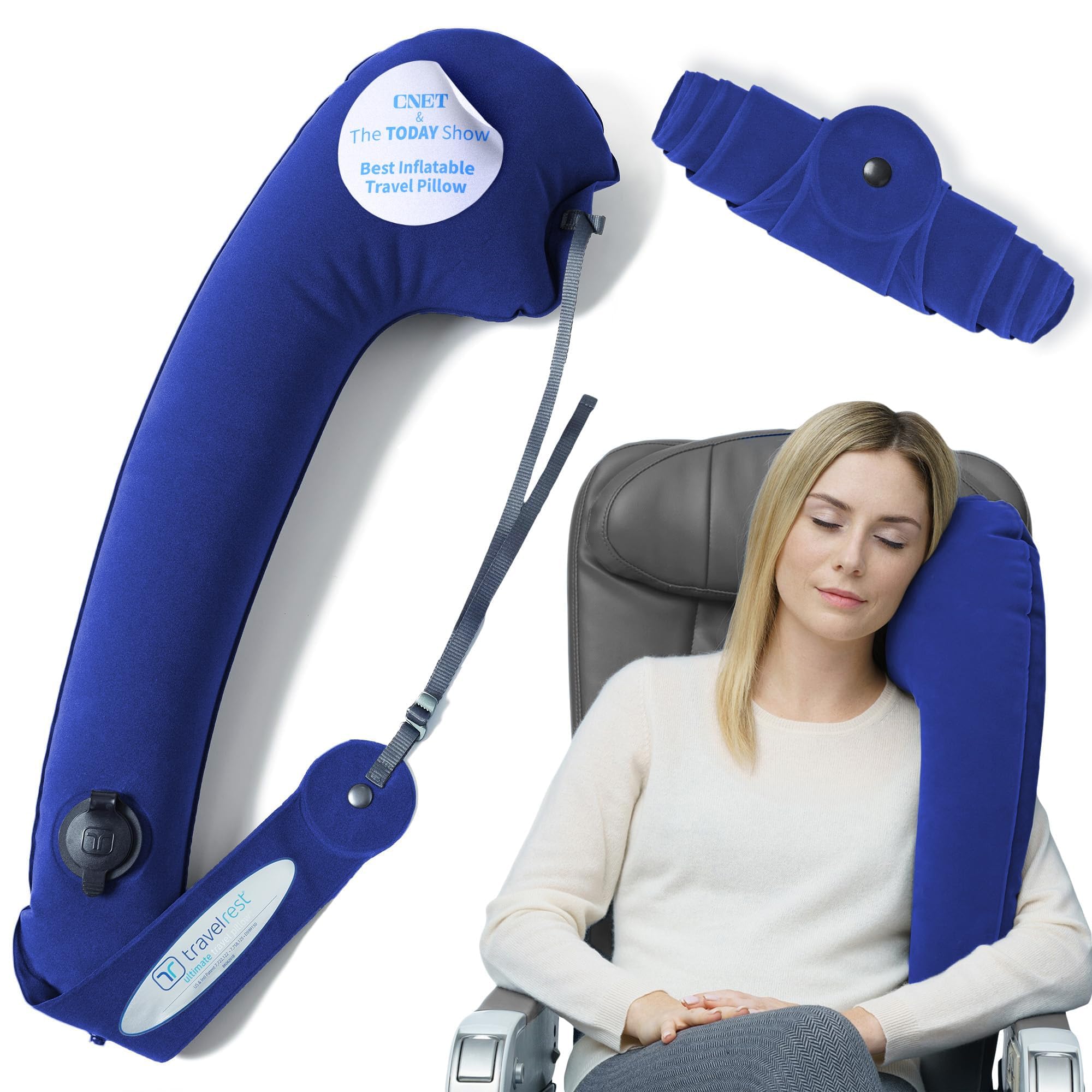TRAVELREST face avant du coussin montrant design et couleur bleu pour confort voyage