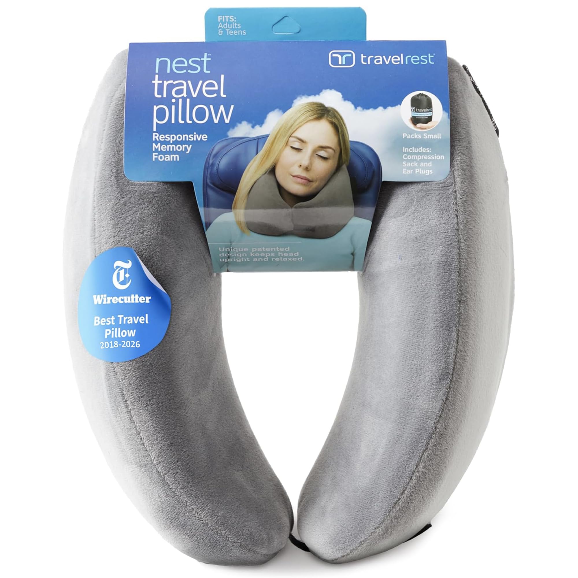 TRAVELREST oreiller recto-packaging montrant contenu pratique