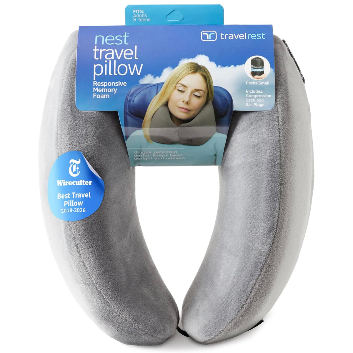 TRAVELREST oreiller recto-packaging montrant contenu pratique
