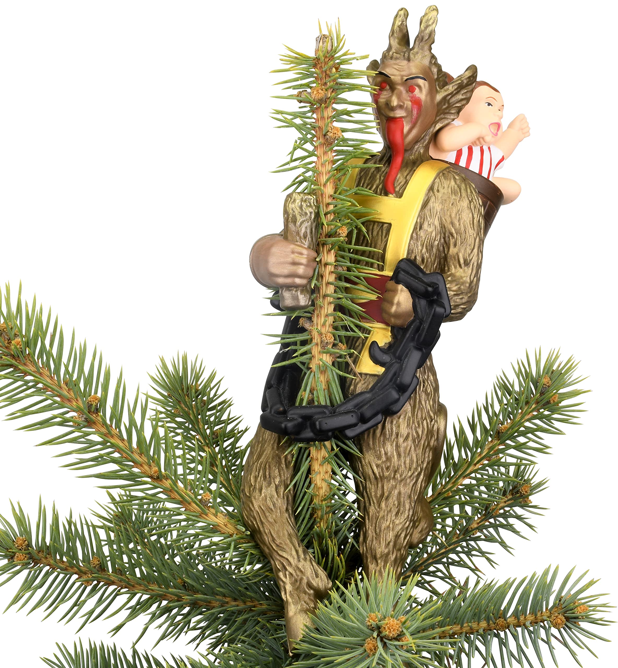 Tree Buddees Krampus face avant détaillée montrant expression effrayante bénéfique au décor