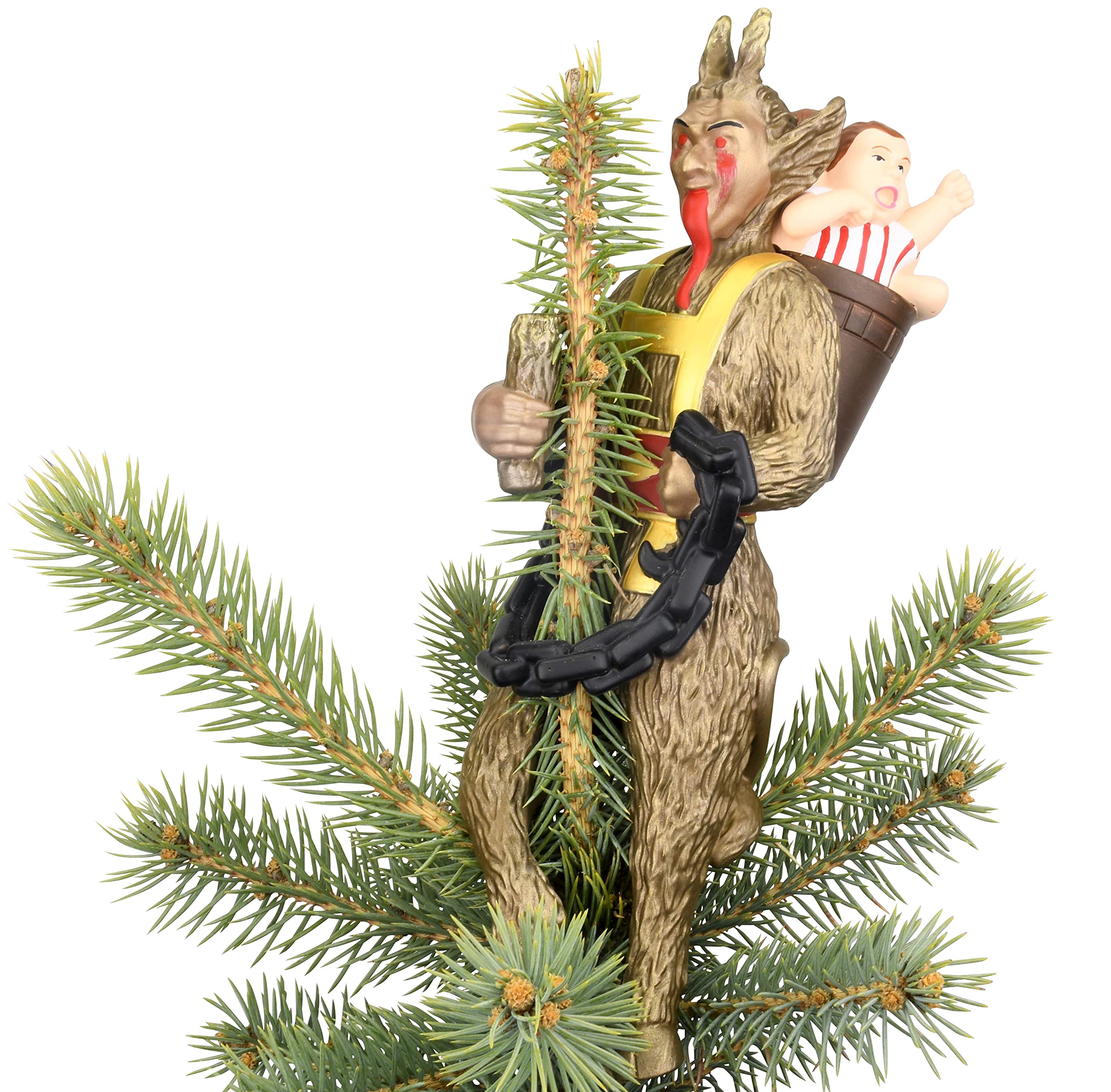 Tree Buddees Krampus posé sur sapin artificiel illustrant stabilité et style bénéfique