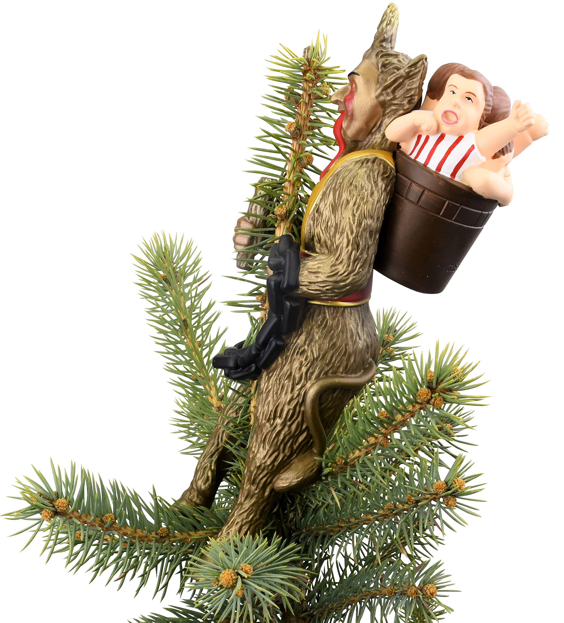 Tree Buddees Krampus sur sapin naturel pour comparaison d'échelle utile au choix