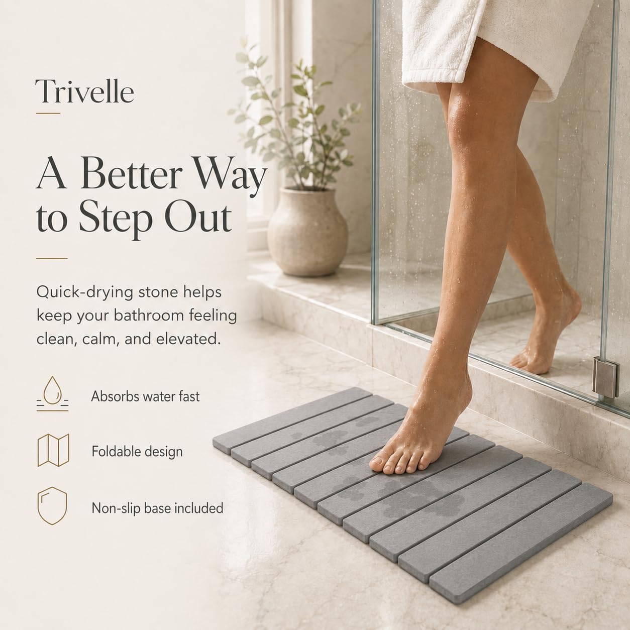 Trivelle tapis placé devant une douche montrant absorption immédiate et confort à la sortie