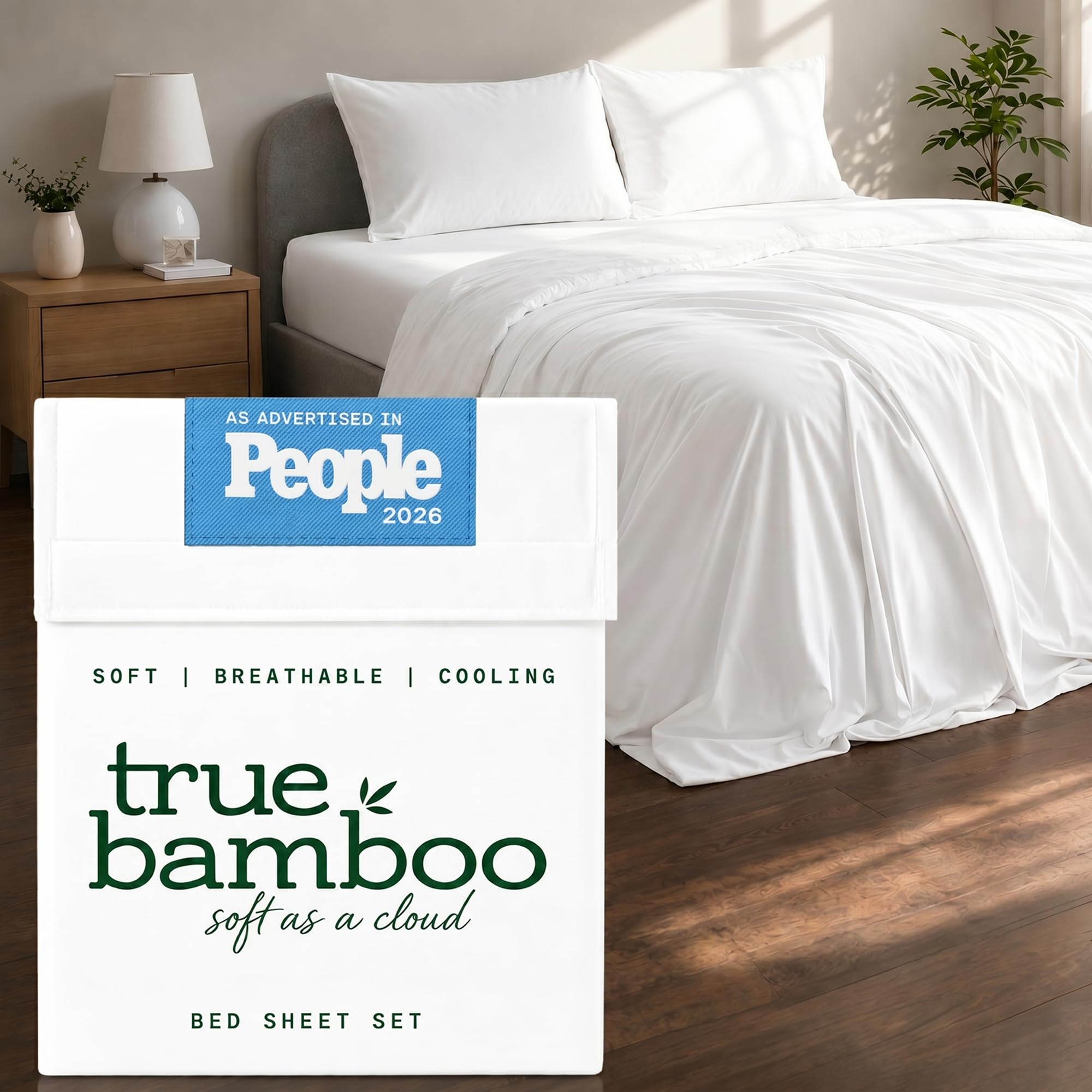 TRUE BAMBOO ensemble devant sur lit blanc, aspect soyeux et invitant