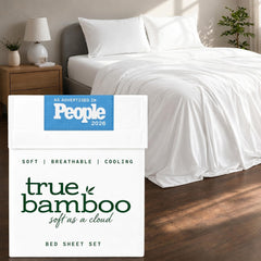 TRUE BAMBOO ensemble devant sur lit blanc, aspect soyeux et invitant