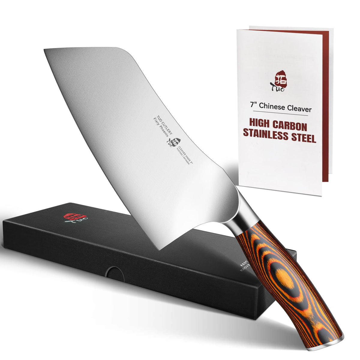 TUO cleaver vue avant près du coffret montrant finition et qualité