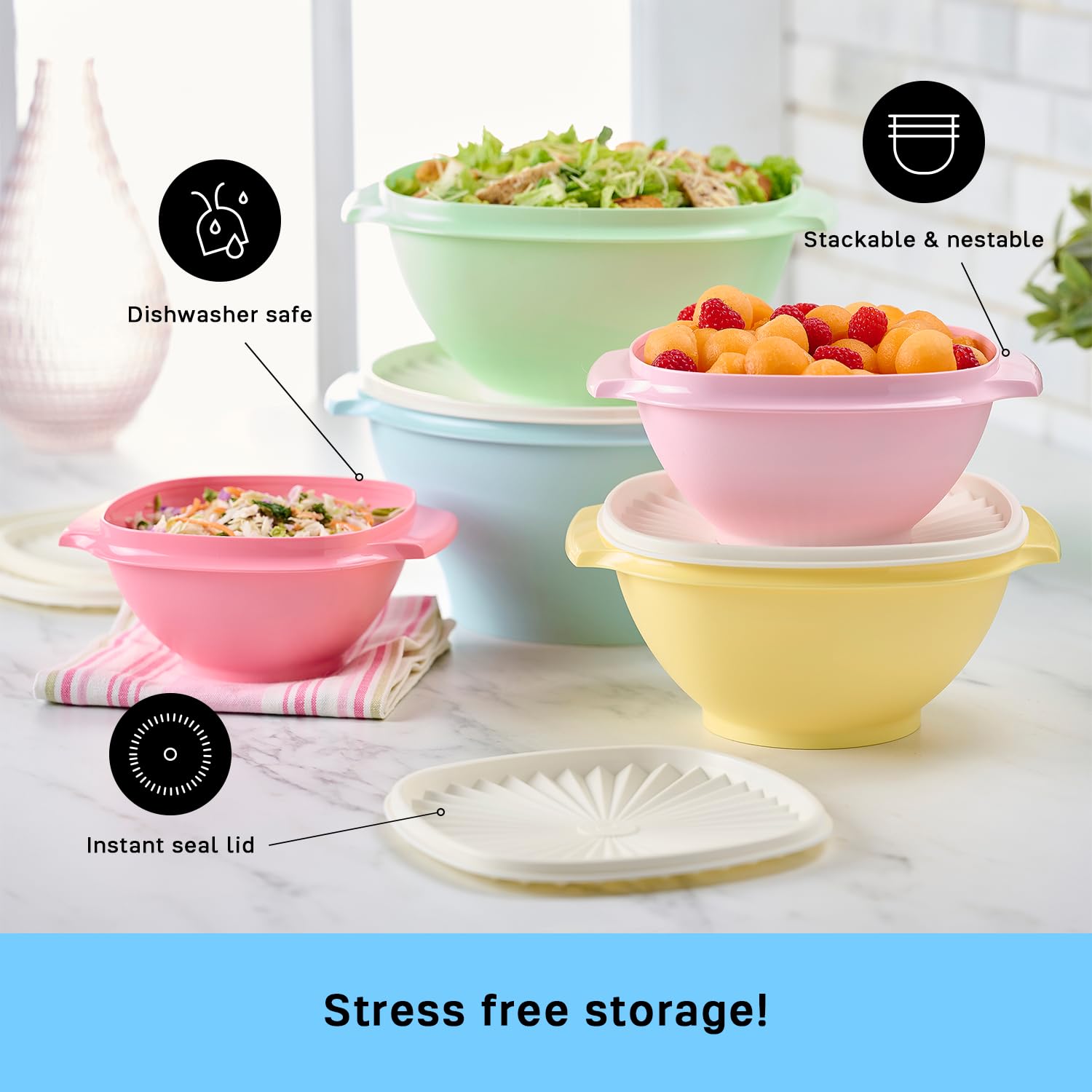 Tupperware détail du mécanisme press-seal illustrant ouverture et fermeture sûres