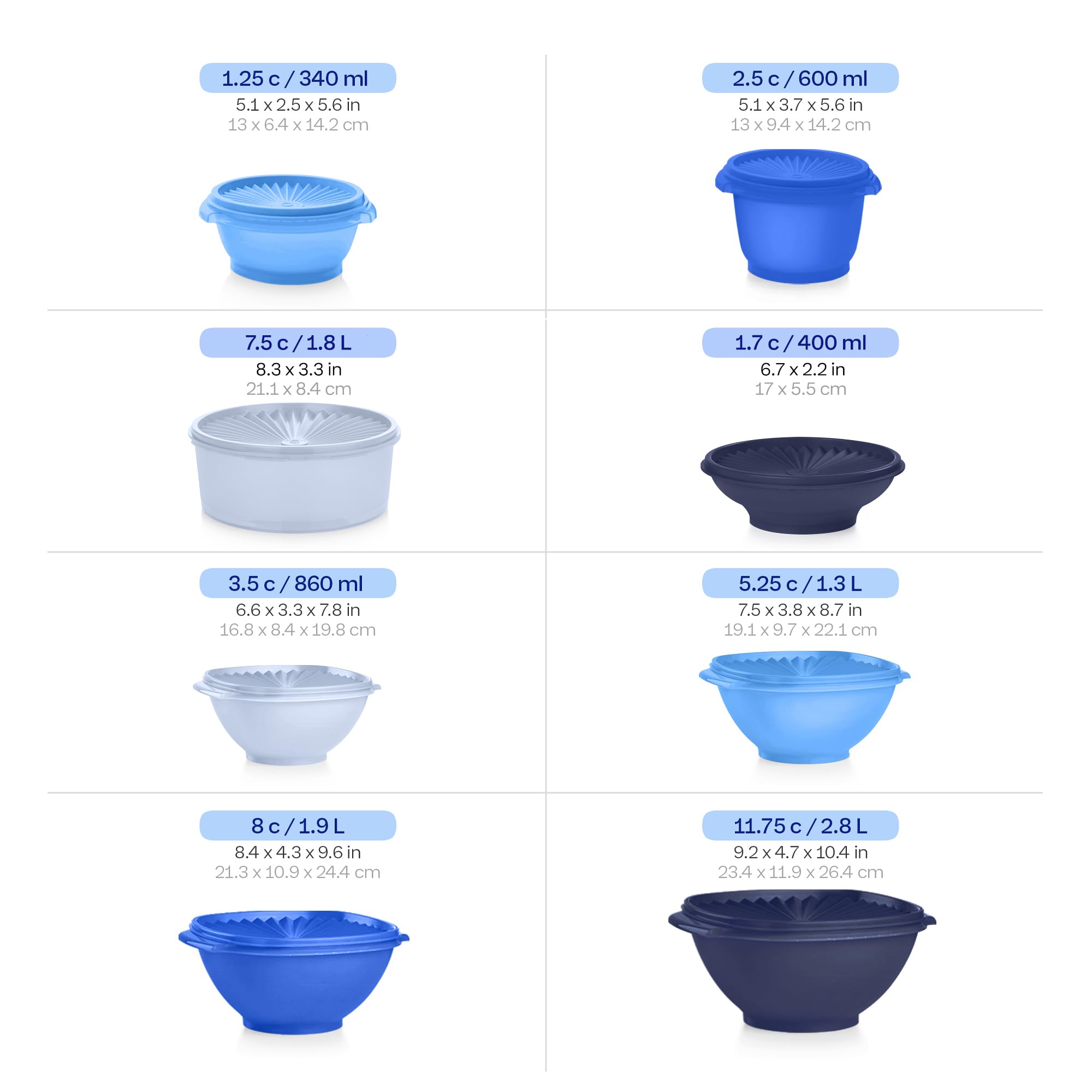 Tupperware comparaison taille dans une main pour visualiser capacités et dimensions