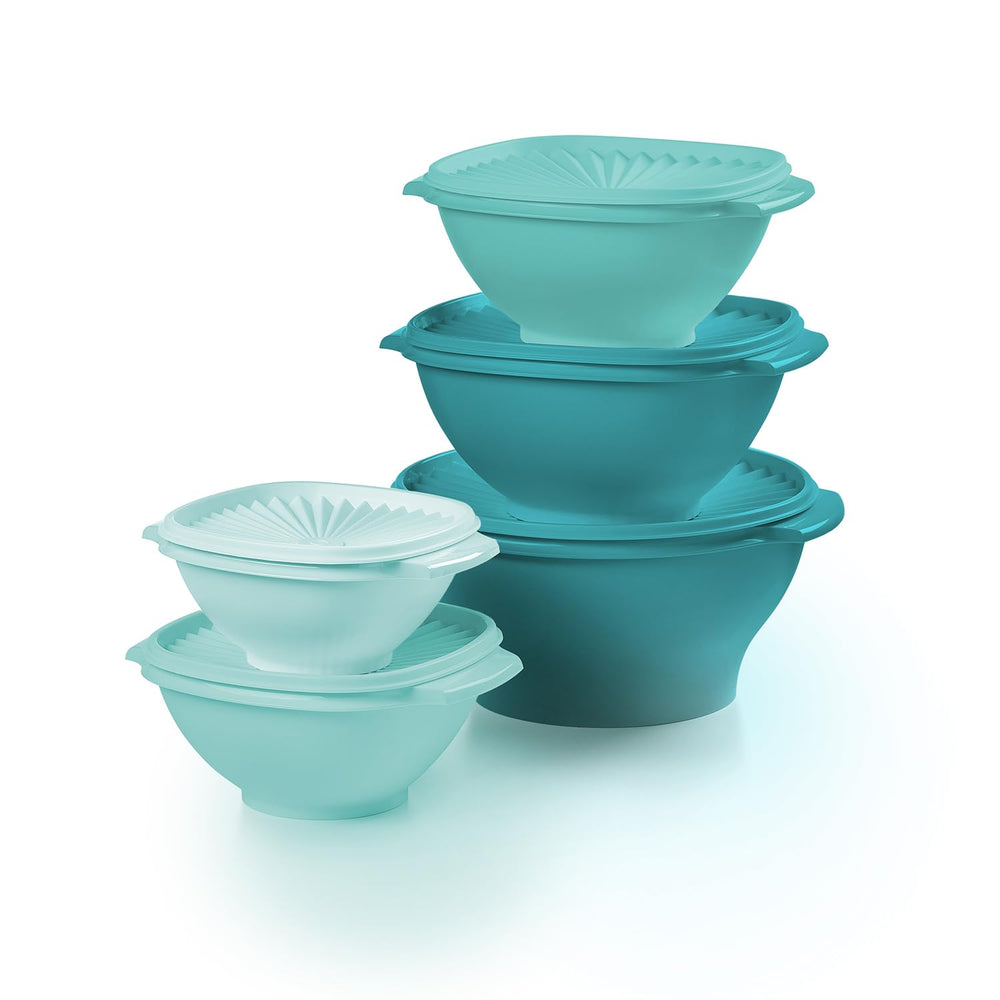Tupperware Heritage vue avant de l'ensemble vert vintage, rangement pratique