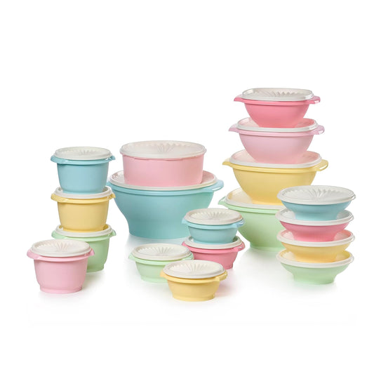 Tupperware Heritage ensemble face montrant design pastel et gain de place