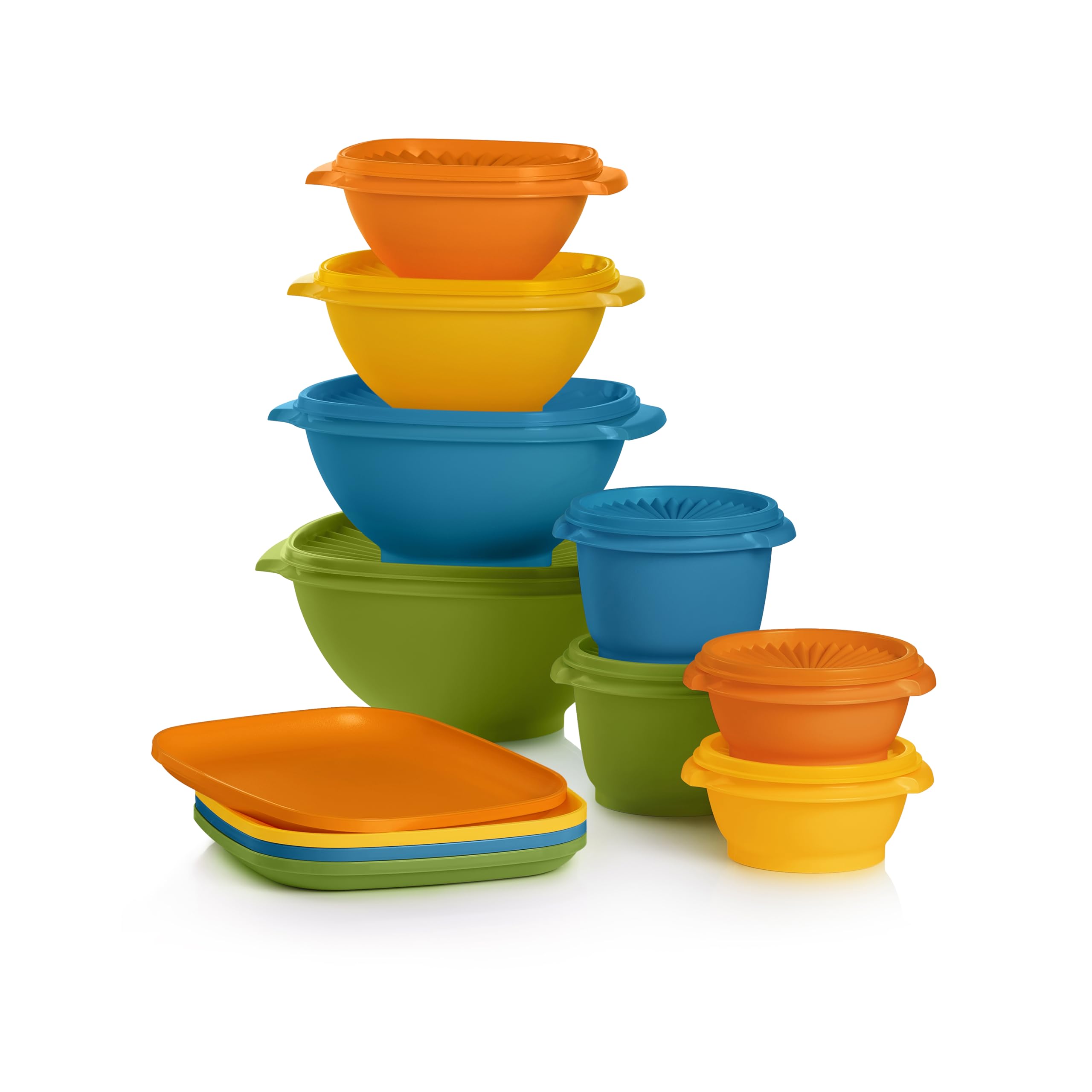 Tupperware vue avant du set Heritage 20 pièces montrant assiettes et contenants pour organisation