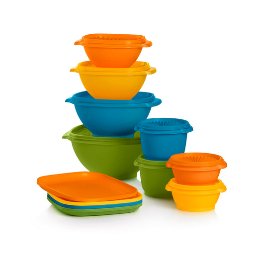 Tupperware vue avant du set Heritage 20 pièces montrant assiettes et contenants pour organisation