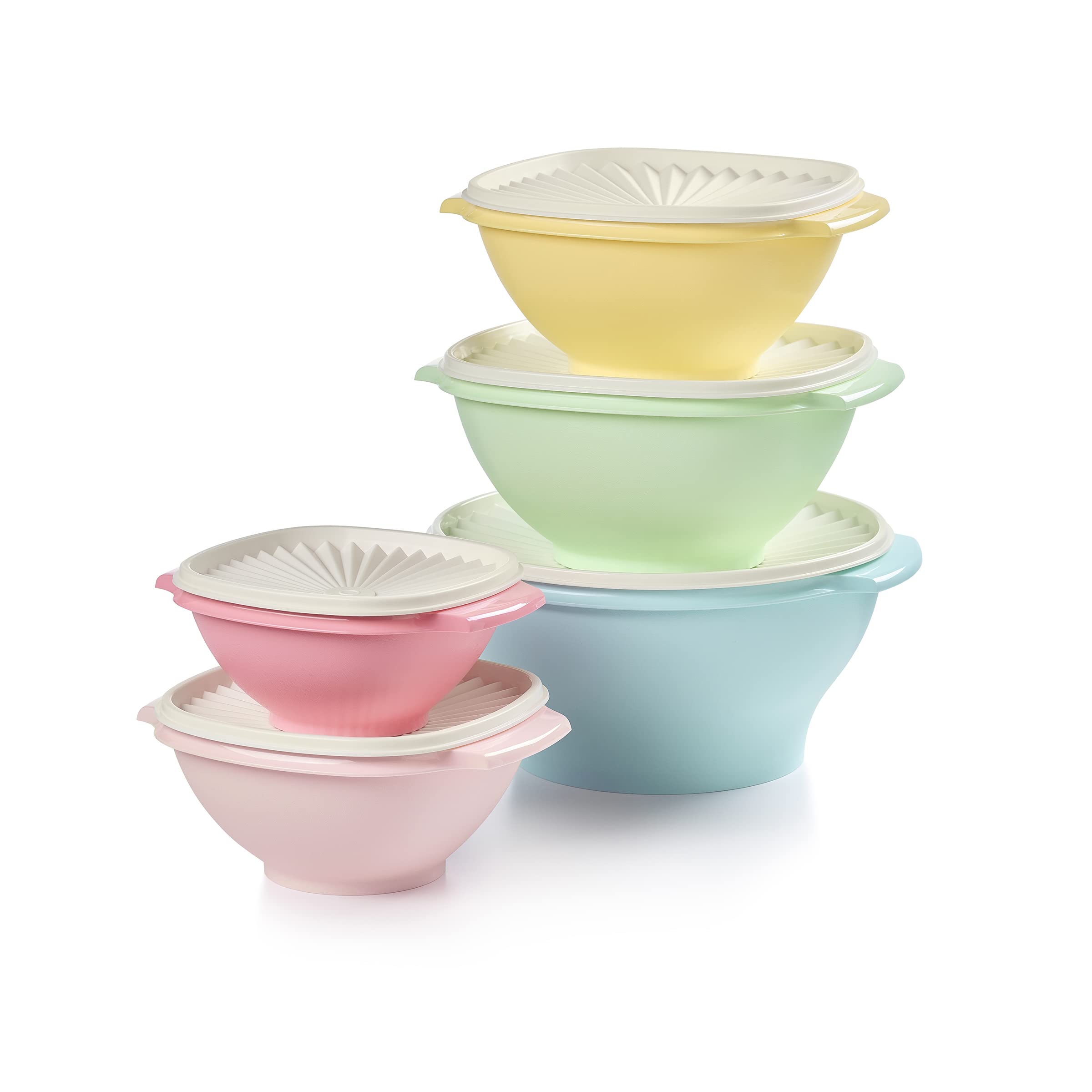 Tupperware packshot avant montrant ensemble 5 bols et 5 couvercles, rangement optimisé