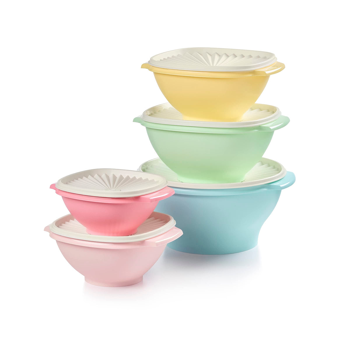 Tupperware packshot avant montrant ensemble 5 bols et 5 couvercles, rangement optimisé