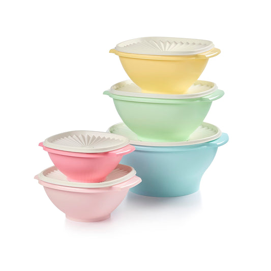 Tupperware packshot avant montrant ensemble 5 bols et 5 couvercles, rangement optimisé