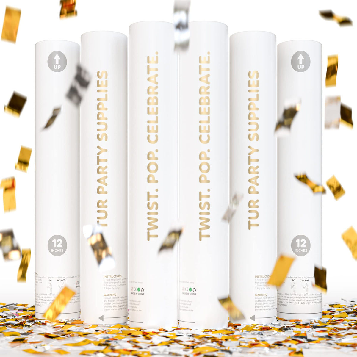 TUR Party Supplies packaging avant montrant six canons confettis, préparation facile