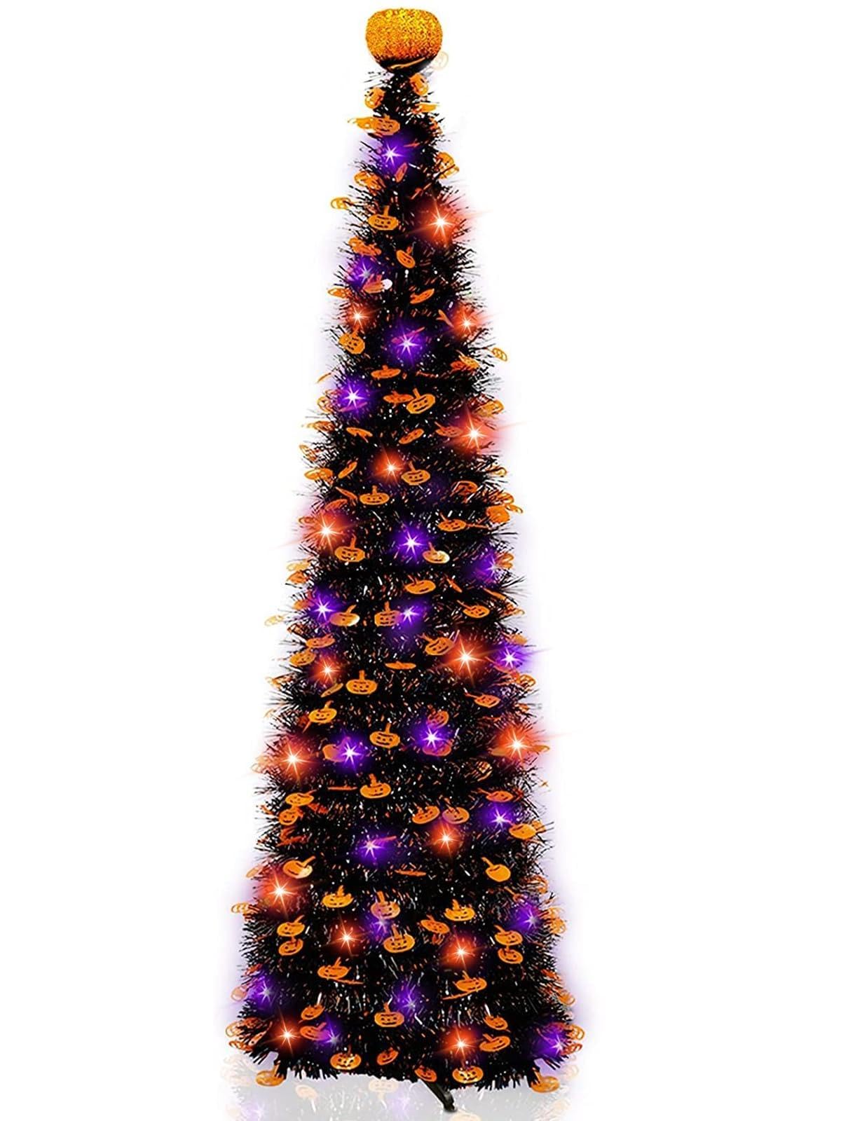 TURNMEON arbre Halloween face avant montrant tinsel noir et guirlande LED pour ambiance saisissante