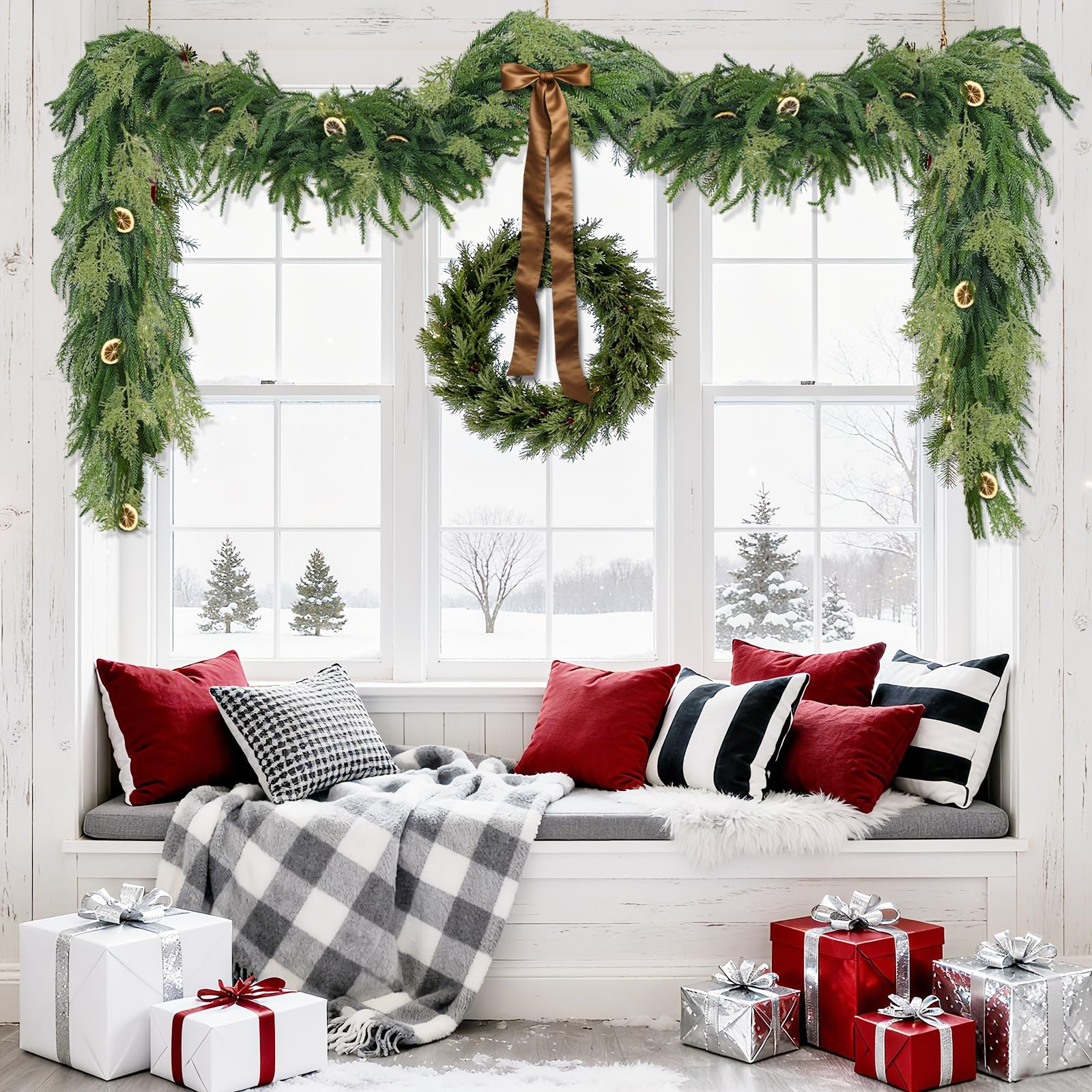 Guirlande TURNMEON décorée avec lumières et ornements, adaptée aux décorations de Noël
