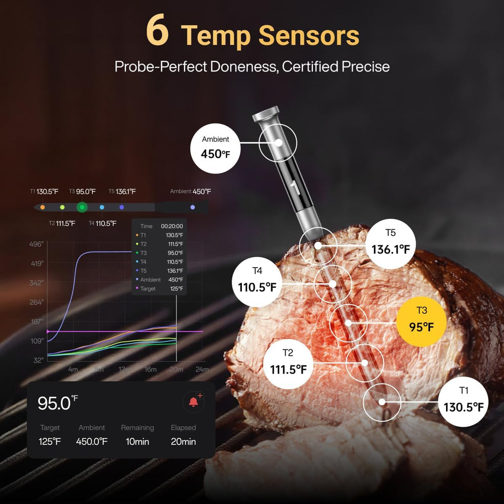 Typhur sonde insérée dans un steak rôti, lecture précise pour cuisson parfaite