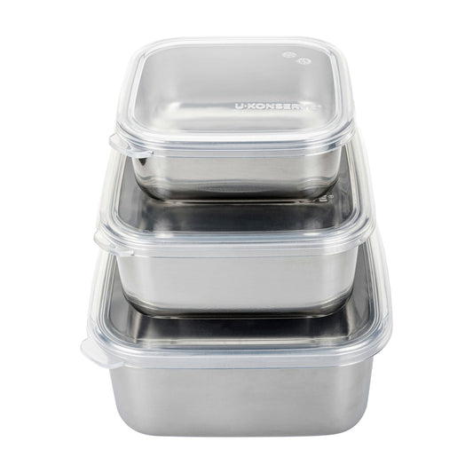 U Konserve boîtes face avant montrant les trois tailles et la finition inox durable